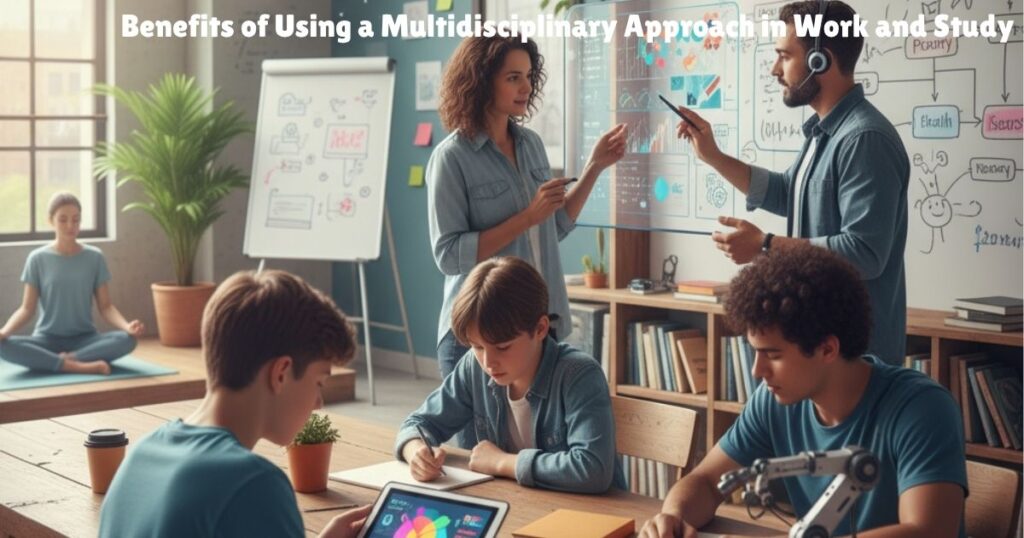 A diverse group of students and professionals collaborate in a modern classroom that combines technology, creativity, and mindfulness. Two students work on digital tablets at a wooden table, while a teacher and a colleague discuss data on a transparent board. In the background, a person practices meditation, and whiteboards display colorful charts and diagrams. The scene reflects the multidisciplinary approach in education and work, blending science, art, and mindfulness.