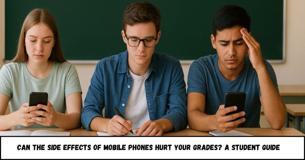 Three students sitting in a classroom; two are distracted by mobile phones while one focuses on writing, highlighting the side effects of mobile phones on academic performance.