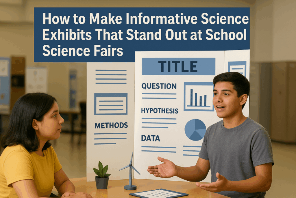 A student explains his science exhibits project to a classmate at a school science fair. Behind them, a neatly organized layout for a science fair board displays labeled sections such as “Title,” “Question,” “Hypothesis,” “Methods,” and “Data.” A small wind turbine model and plant sit on the table in front, showing parts of the experiment in a bright classroom setting