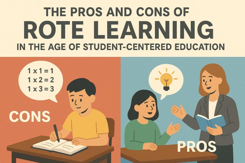 An educational infographic titled “The Pros and Cons of Rote Learning in the Age of Student-Centered Education.” On the left, under “Cons,” a boy writes in a notebook with a speech bubble showing multiplication facts (1×1=1, 1×2=2, 1×3=3). On the right, under “Pros,” a girl with an idea symbol (light bulb) talks to a smiling teacher holding a book. The left side has an orange background and the right side has a blue background.