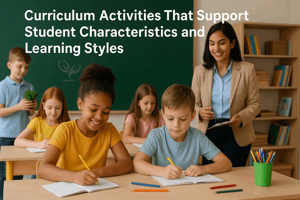 A diverse group of elementary school students sit at desks in a classroom, engaged in writing and learning activities. A smiling teacher stands nearby holding papers, while other children in the background participate in different tasks. A chalkboard and bookshelves frame the warm, collaborative learning environment. The overlaid text reads, “Curriculum Activities That Support Student Characteristics and Learning Styles.”
