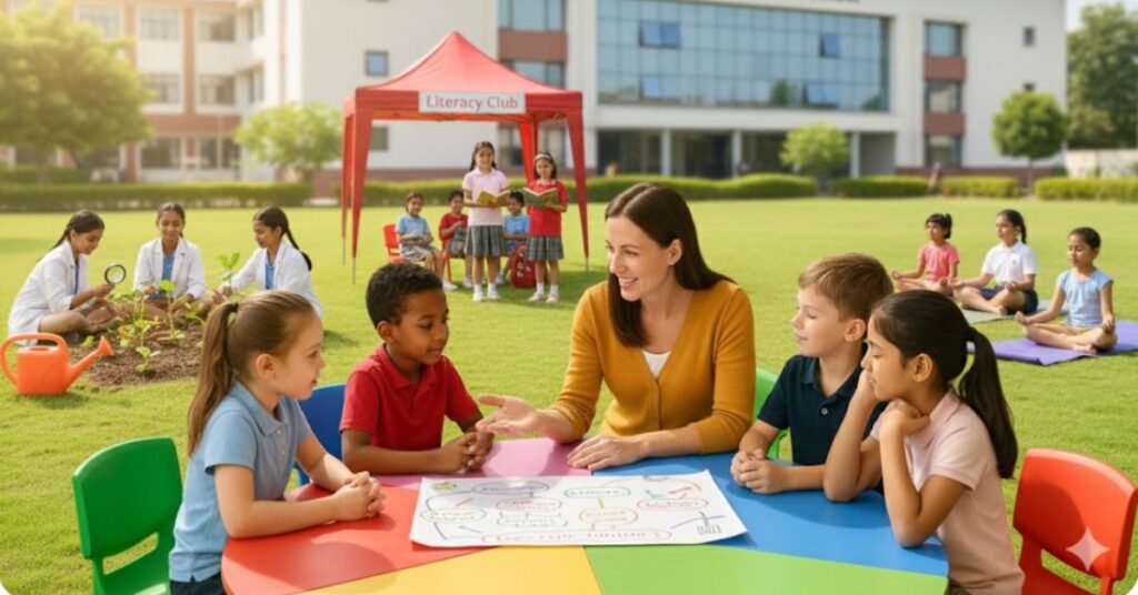 “Primary school children learning together outdoors, showing the importance of soft skills in education.
