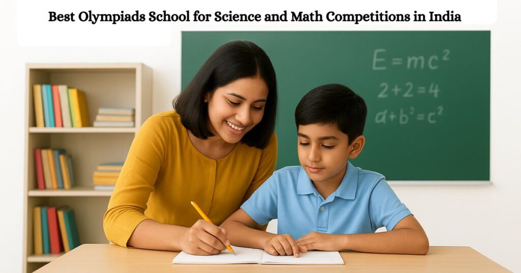 Teacher guiding a young student in math at the best Olympiads school in India, focused on science and math competition preparation.