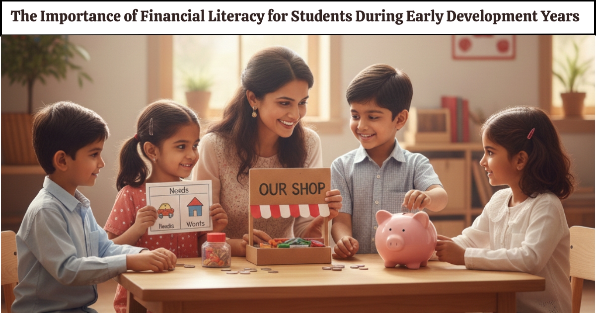 A teacher sits at a table with four young children, engaging them in a financial literacy activity. One child holds a card showing ‘needs’ and ‘wants,’ another helps with a small pretend shop display, and another places a coin into a pink piggy bank. The group smiles and interacts in a bright, welcoming classroom setting