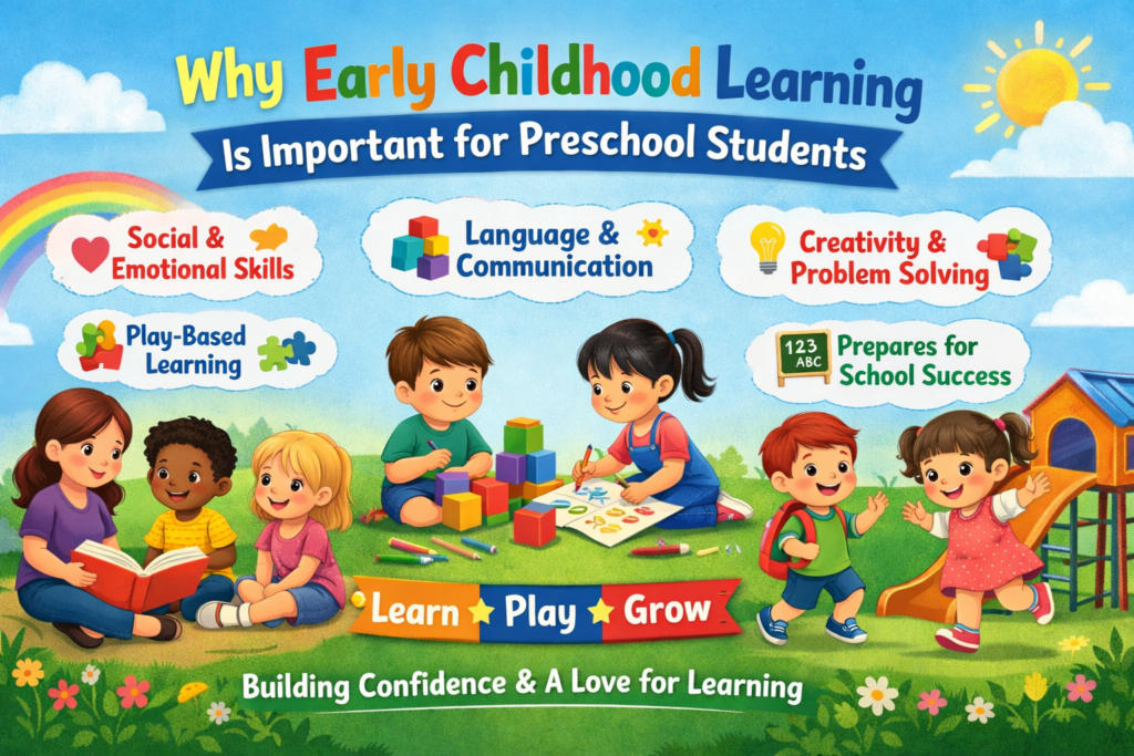 Colorful illustration showing children engaged in various preschool activities, such as reading, building with blocks, and drawing. The image highlights the importance of early childhood learning for preschool students, focusing on social & emotional skills, language & communication, creativity & problem solving, play-based learning, and preparing for school success.