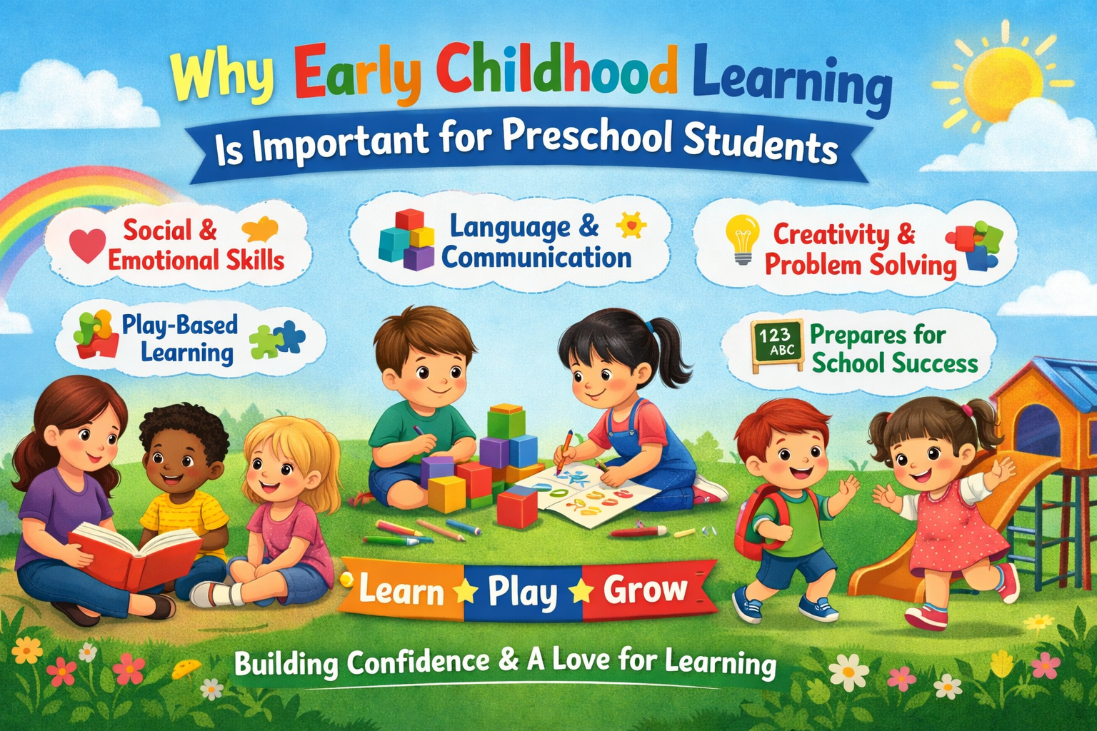 Colorful illustration showing children engaged in various preschool activities, such as reading, building with blocks, and drawing. The image highlights the importance of early childhood learning for preschool students, focusing on social & emotional skills, language & communication, creativity & problem solving, play-based learning, and preparing for school success.