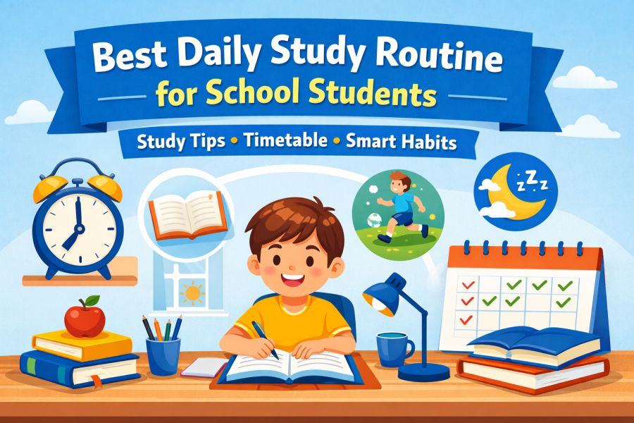 Best daily study routine for school students — student studying at desk with calendar and books graphic for study schedule blog.