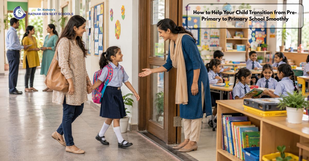 Child transitioning from pre-primary to primary school with support from teachers at Dr. Kishore's Ratnam Schools